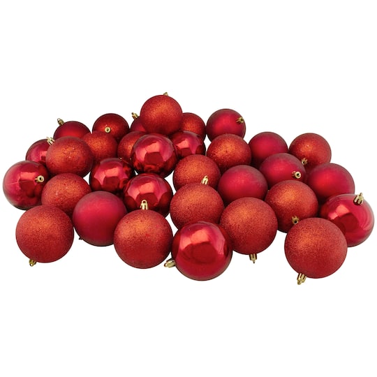 32ct. 3.25&#x22; 4-Finish Red Shatterproof Ball Ornaments